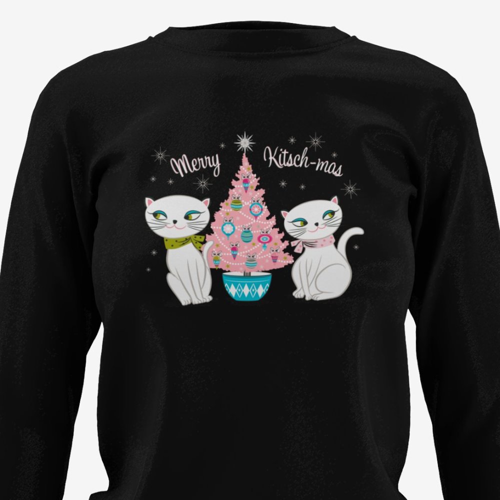 Vintage Holt Howard Cozy Kittens Black Sweatshirt Pyrex 50s Pink Christmas L